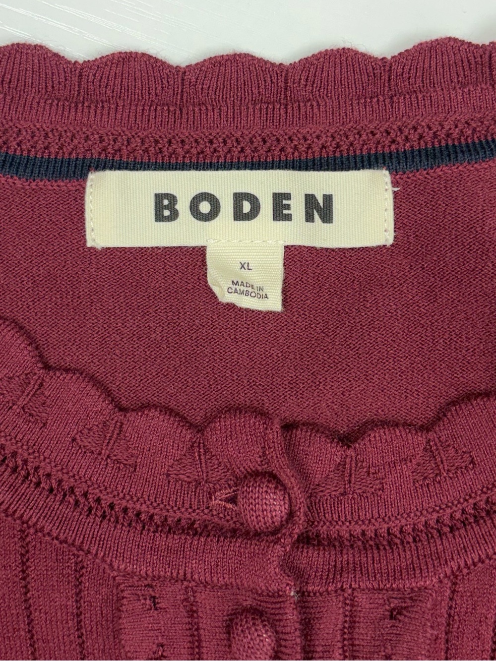 Boden Angela Cotton Scallop Button-Up Cardigan Knit Sweater Burgundy XL - Picture 8 of 9